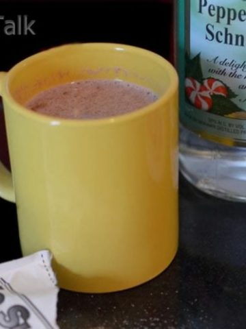 A close up of a bottle of Schnapps and Hot chocolate