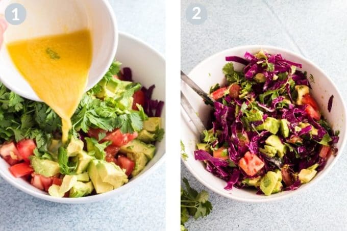 Pouring sauce on to lettuce in a bowl