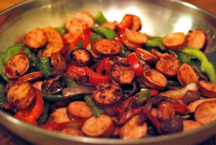 a pan of sausage and peppers