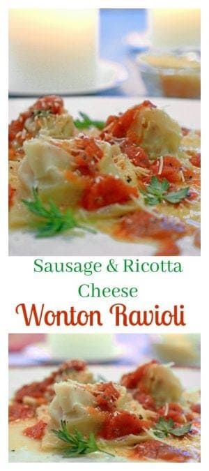 This wonton ravioli that is filled with sweet sausage and ricotta cheese is a delicious family meal that you can make in just 15 minutes.