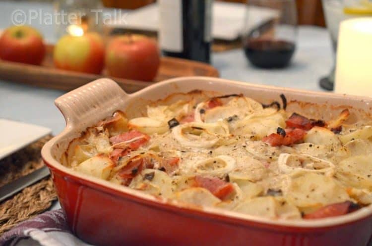 A pan of potatoes and ham.