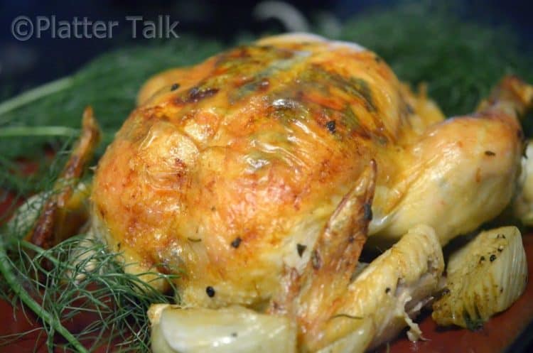 A close up of a roast chicken