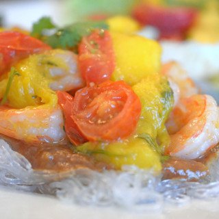 Asian shrimp and mango peach chutney on a plate