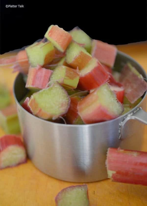 A measuring cup of cut rhubarb