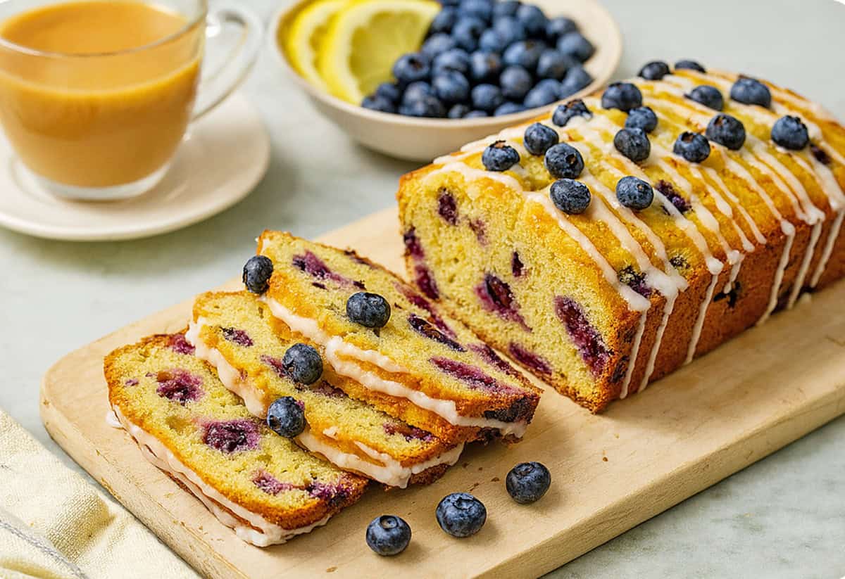 A loaf of lemon blueberry bread ona cutting board.