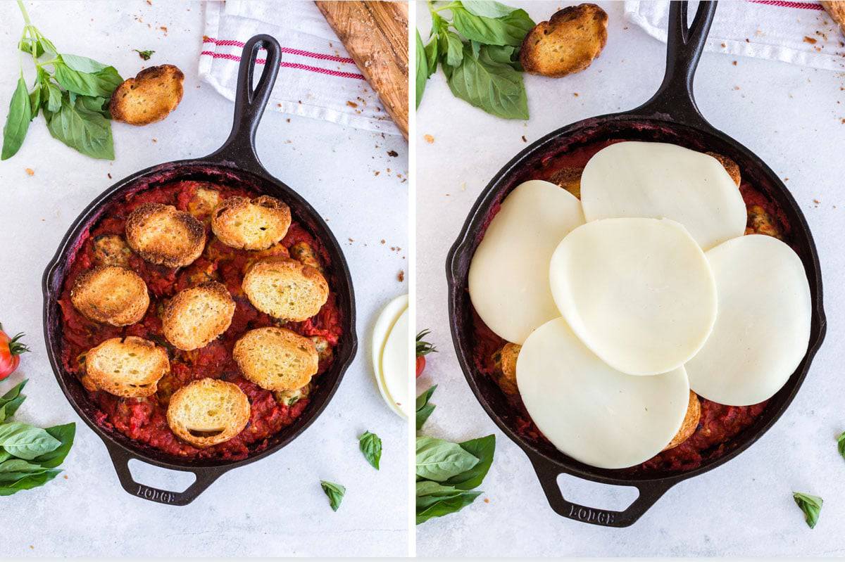 Skillet with meatballs and sauce with cheese