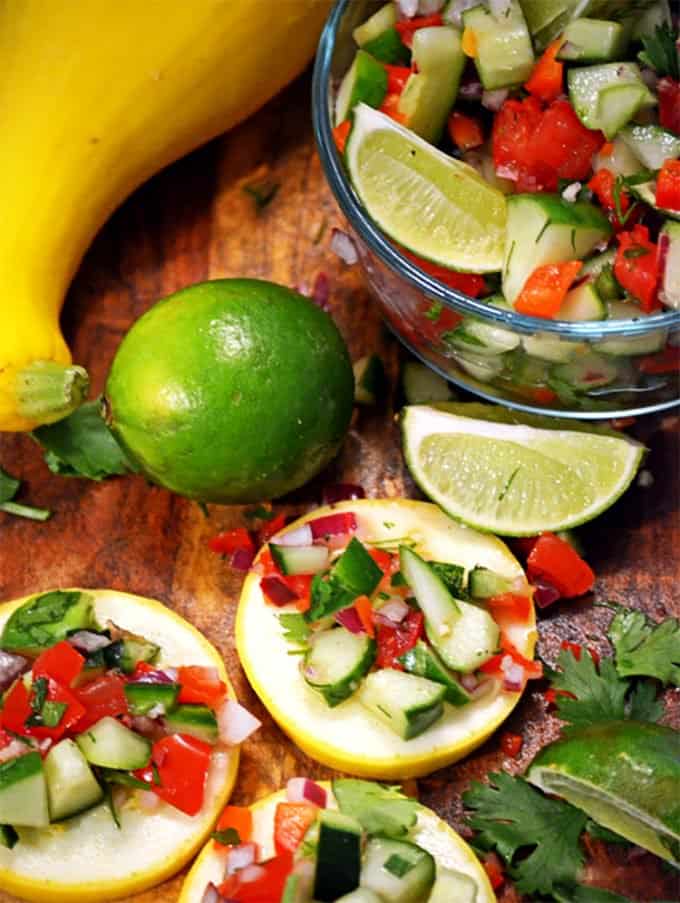 A bowl with Salsa and Cucumber