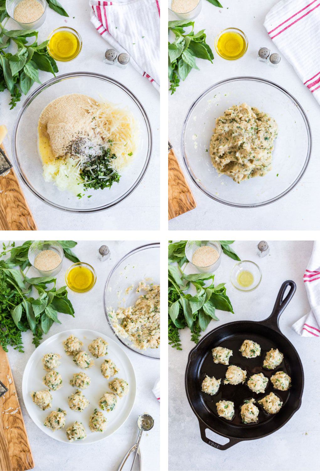 Ingredients for chicken meatballs in a mixing bowl and skillet