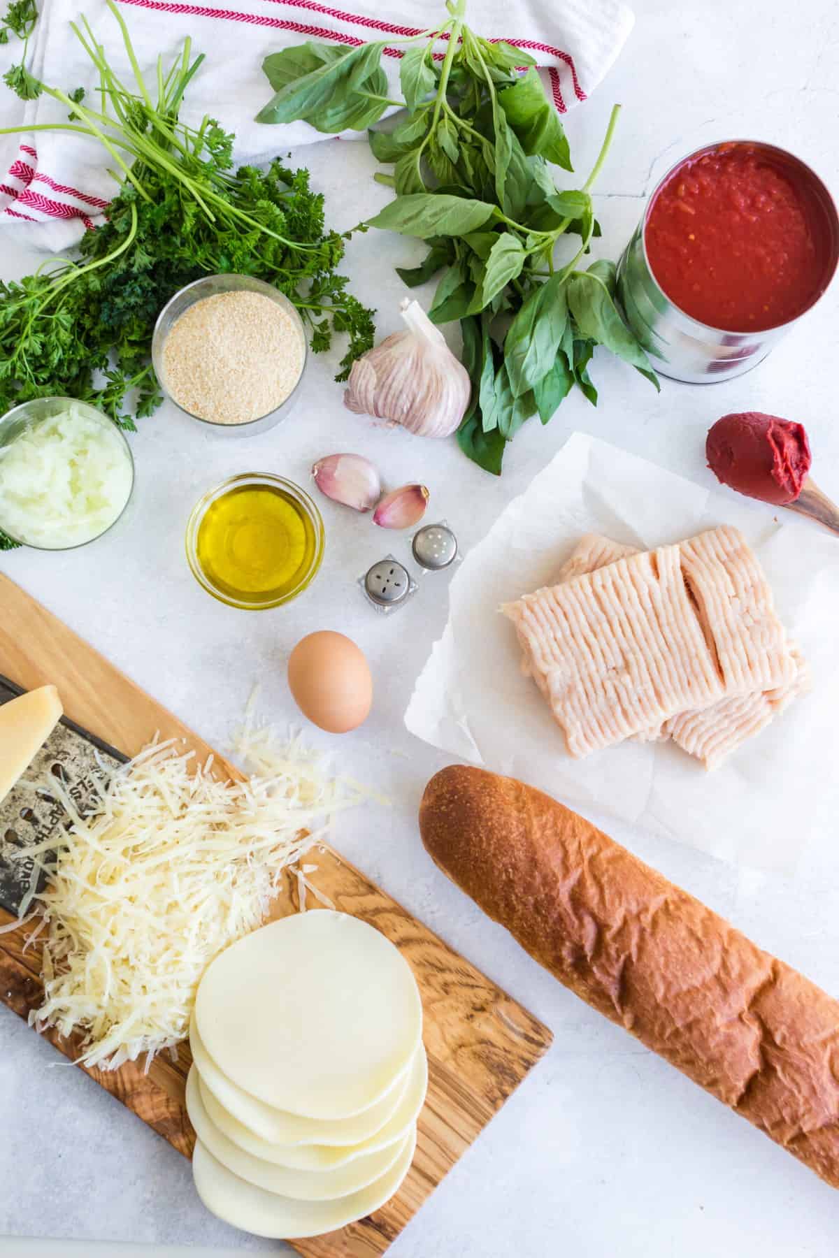 The ingredients for a chiken meatball sub casserole