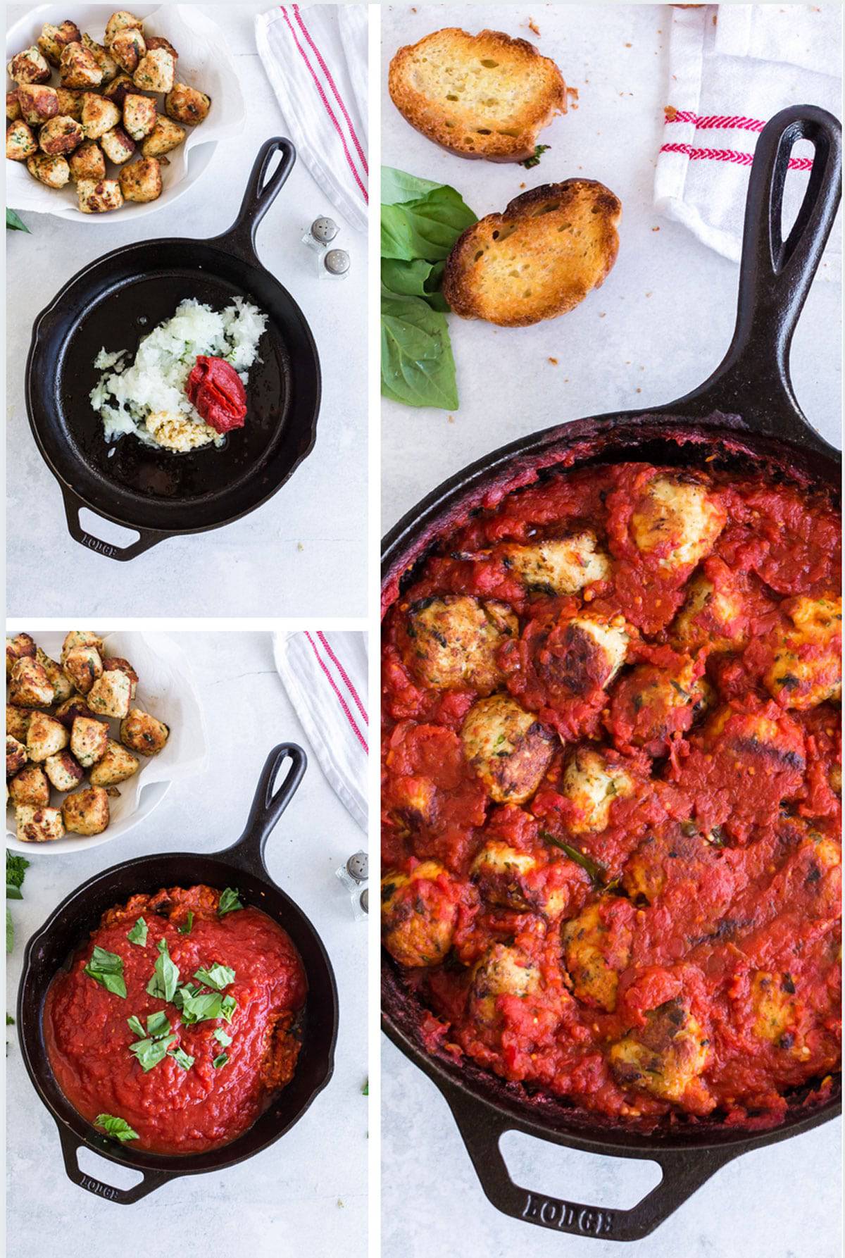 Meatball sub casserole in a cast iron skillet