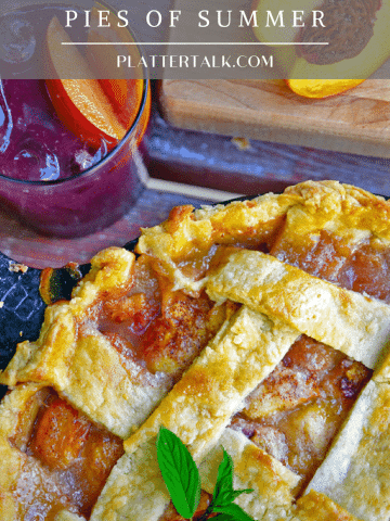 A close-up of a peach pie.