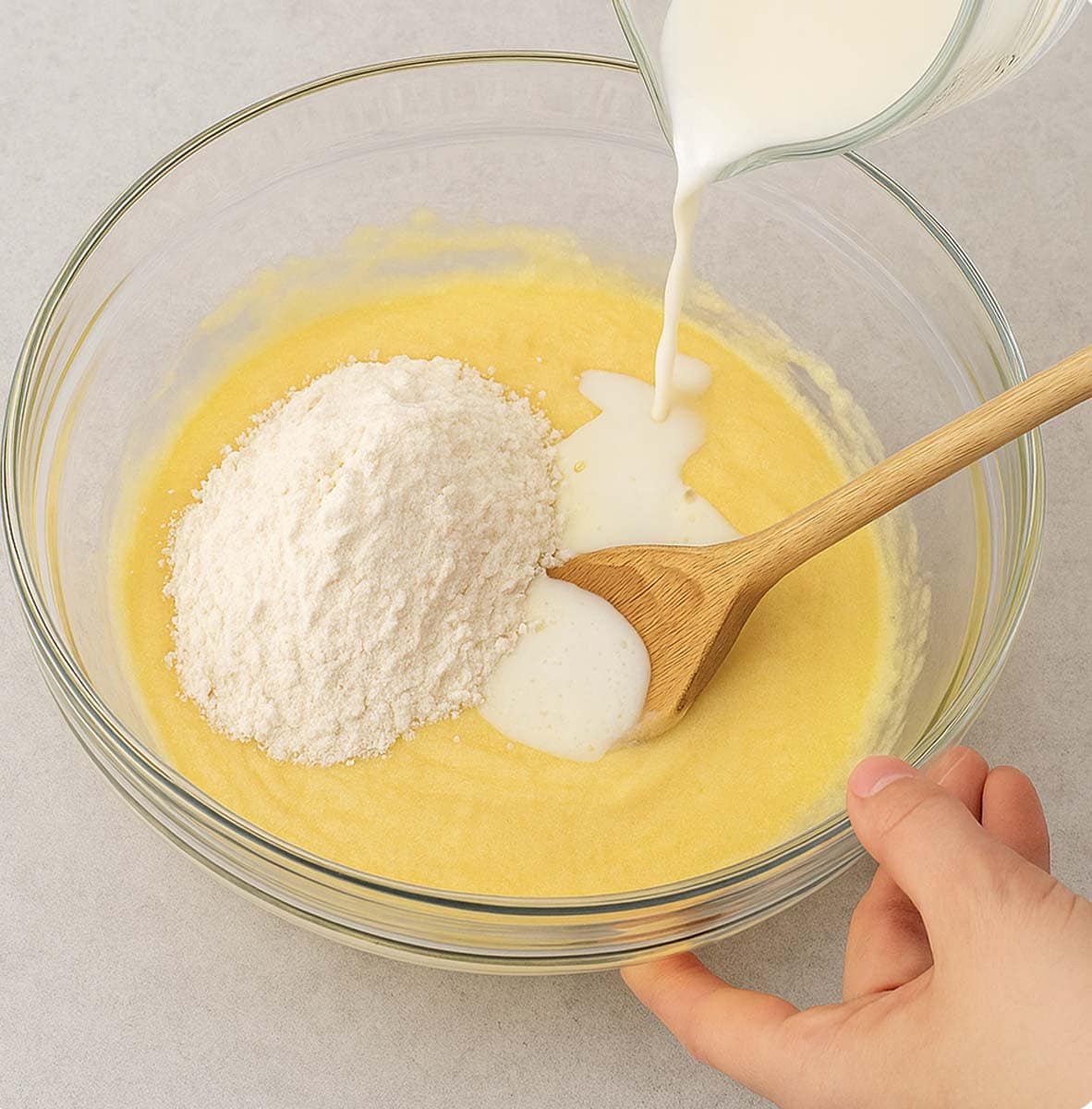 Pouring milk into a mixing bowl with flour and egg mixture.