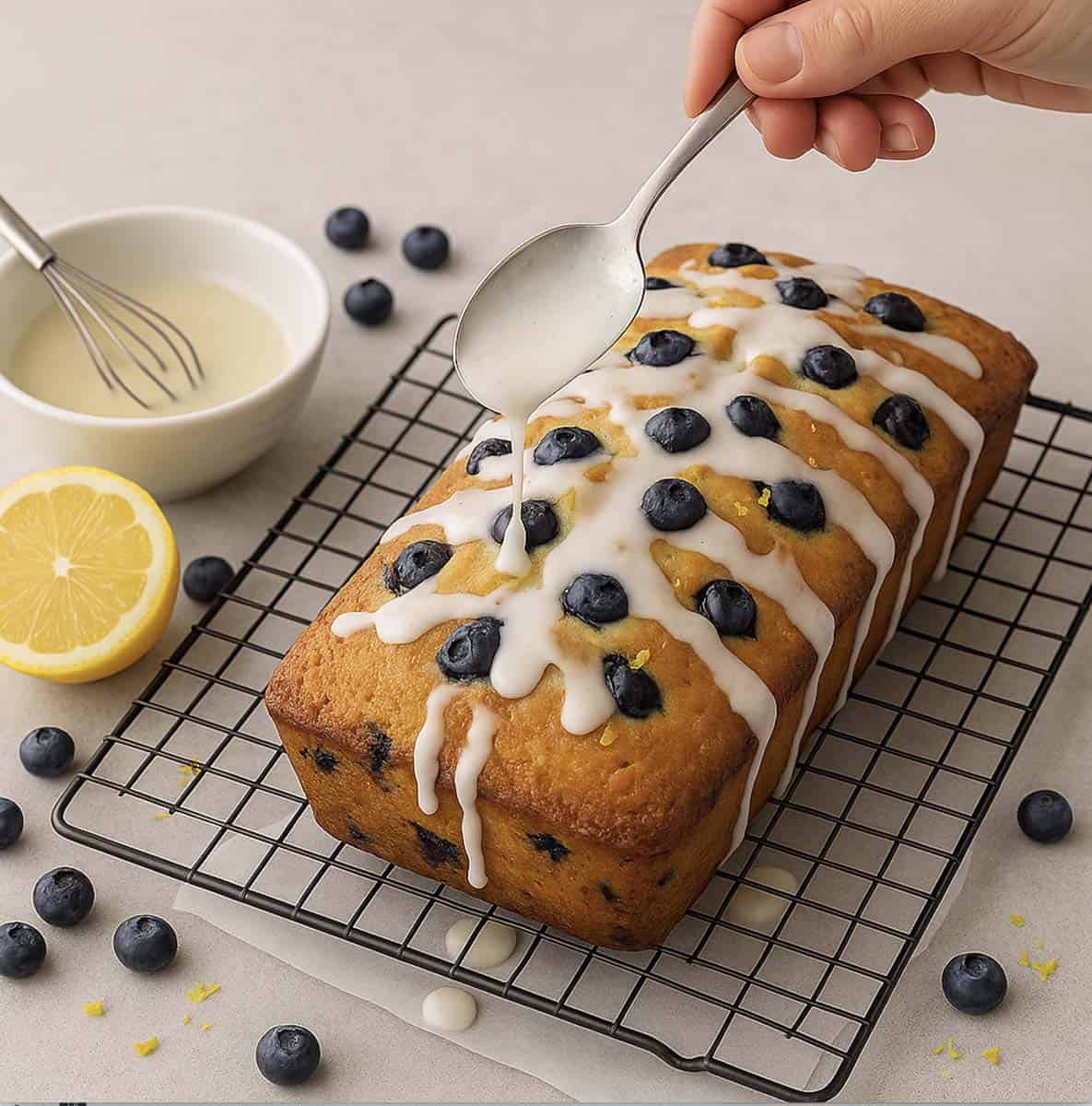 Adding a glaze to a berry loaf.