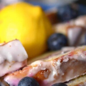 A close-up of blueberry bread.