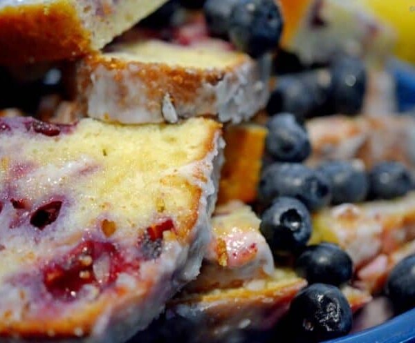 A close up of blueberry lemon bread.