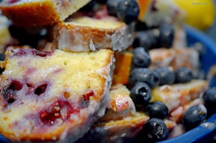 A close up of blueberry lemon bread.