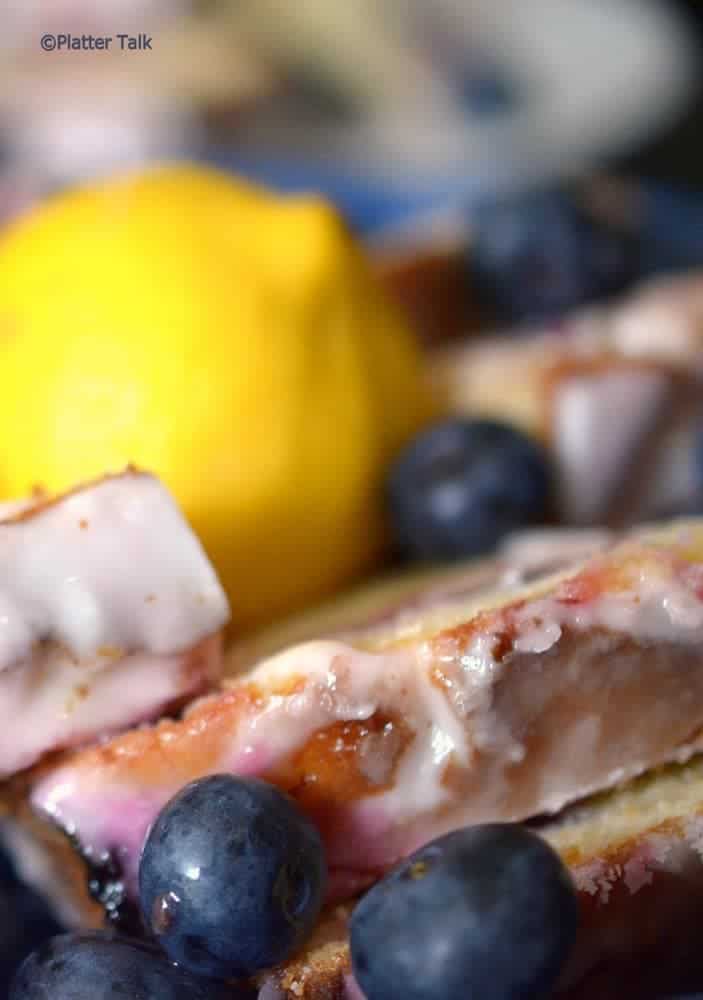 A close-up of blueberry bread.