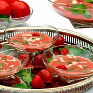 A bowl of gazpacho on a table.