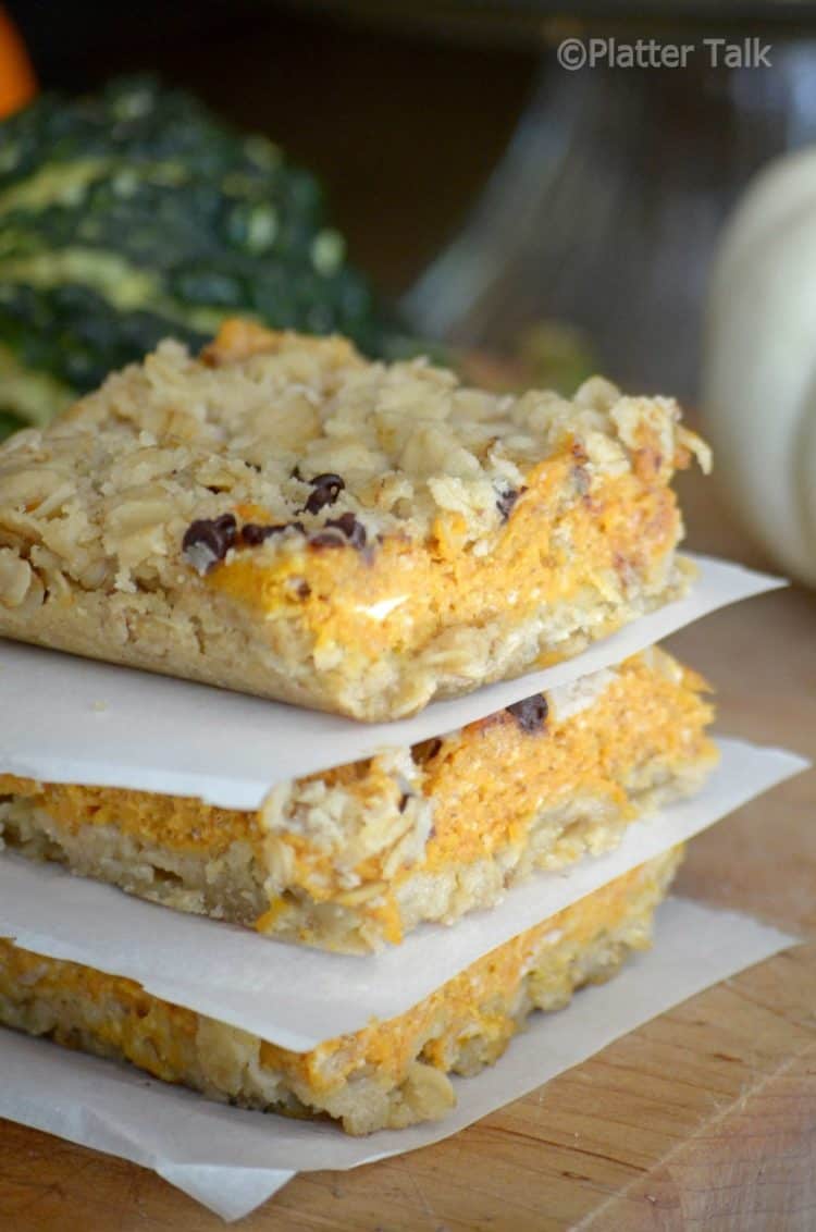 A piece of food on a table, with Pumpkin bars