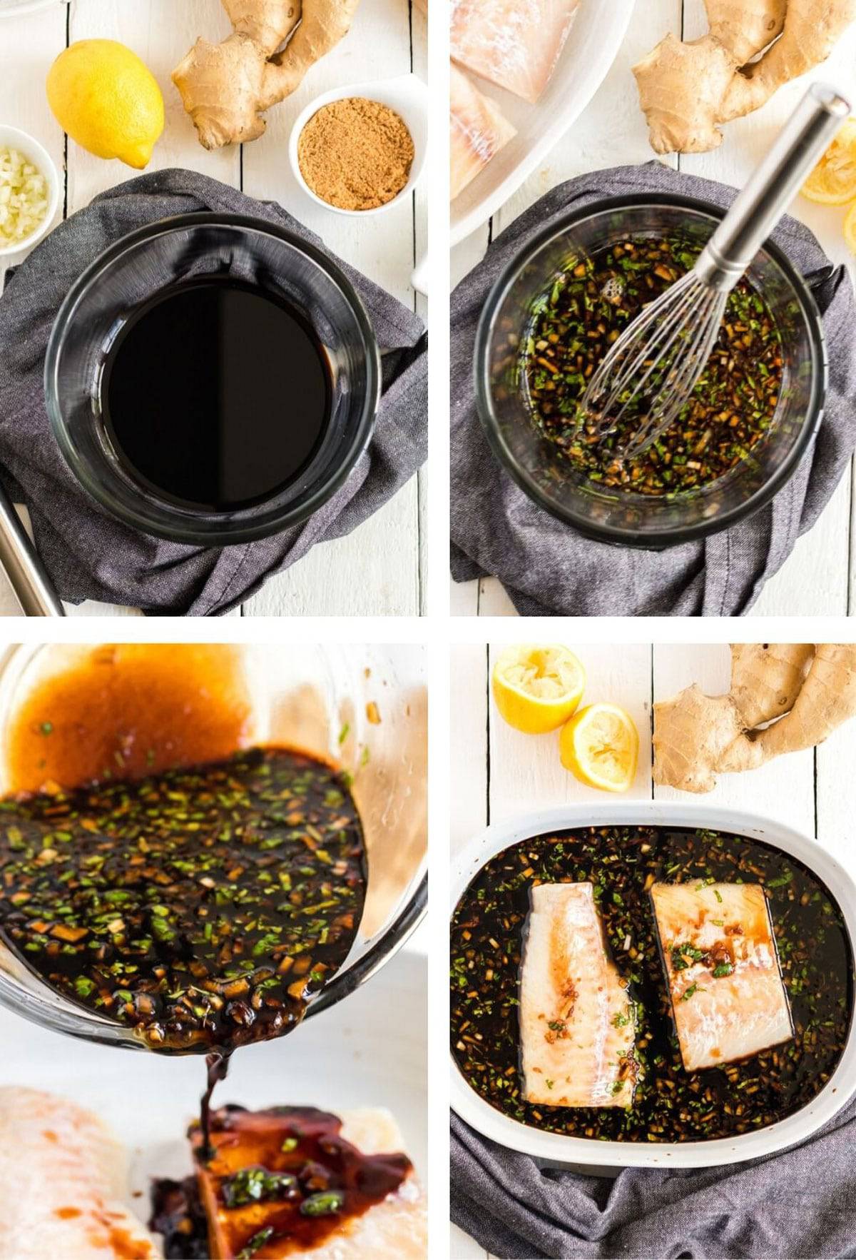 Soy sauce and other ingredients for making a haddock marinade.