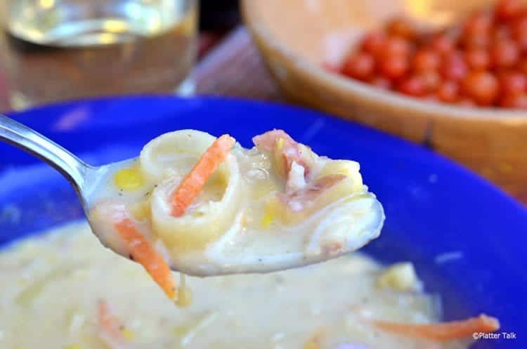 A close up of a bowl of chowder.