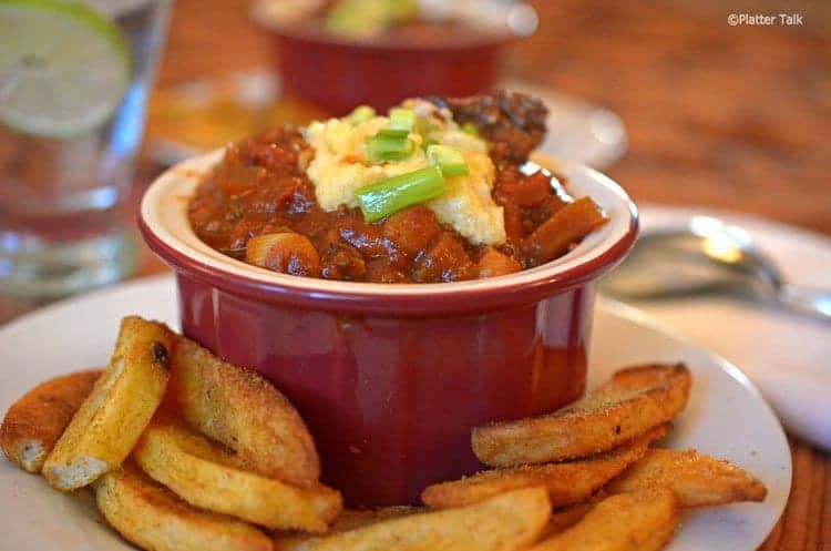 A close-up of a bowl of chili.