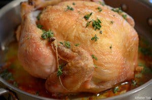 A close up of a roast chicken