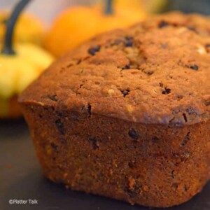 A close-up of a loaf of pumpkin bread.