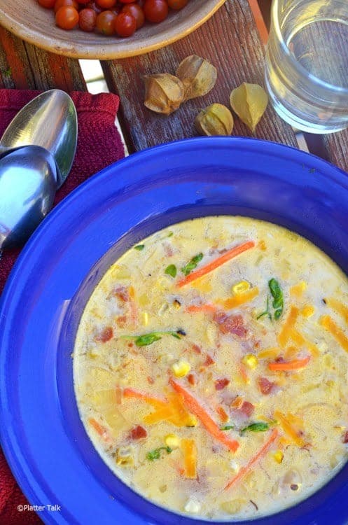 A bowl of potato and leek chowder.