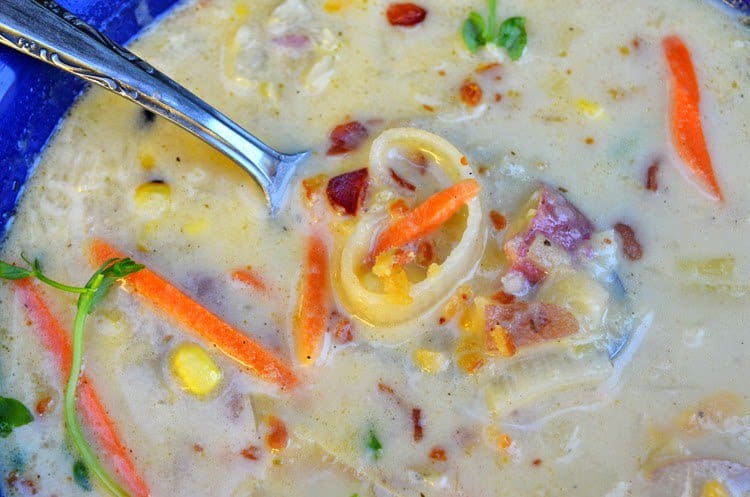 A close up of a bowl of chowder.