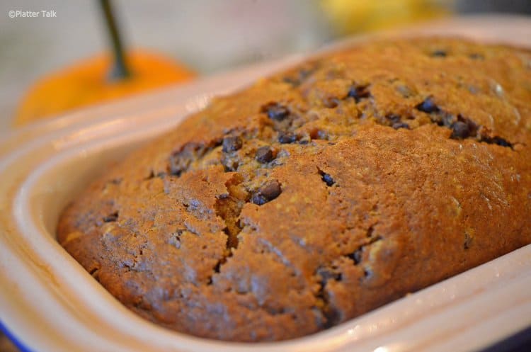 Pumpkin bread in a pan.