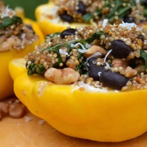 A close up of a stuffed squash