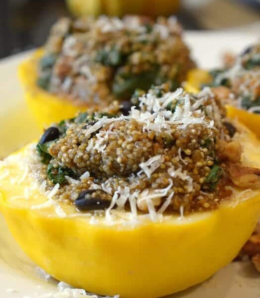 A close up of a quinoa stuffed squash.