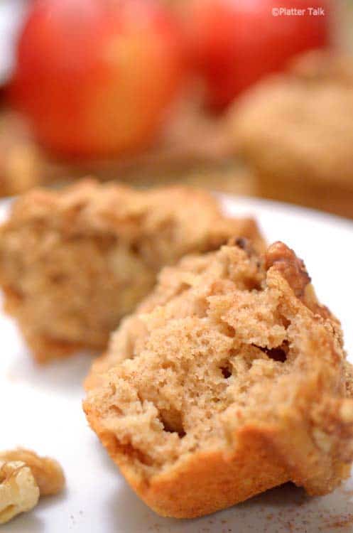 A close-up of a muffin split in half.