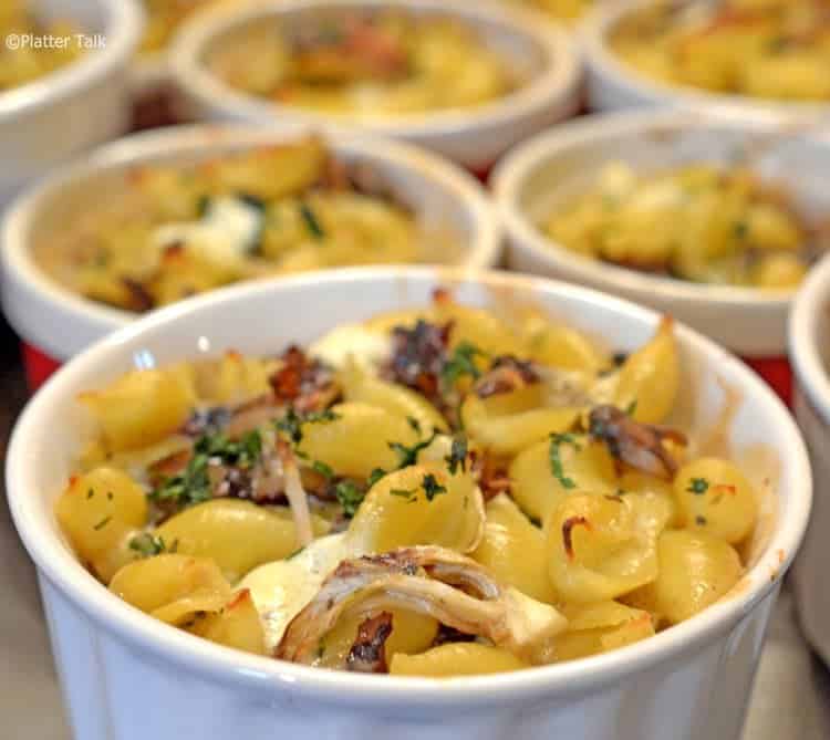 A bowl of food on a table.