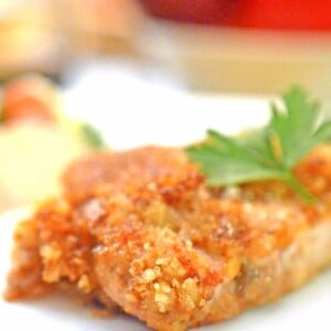 A breaded pork chop on a plate