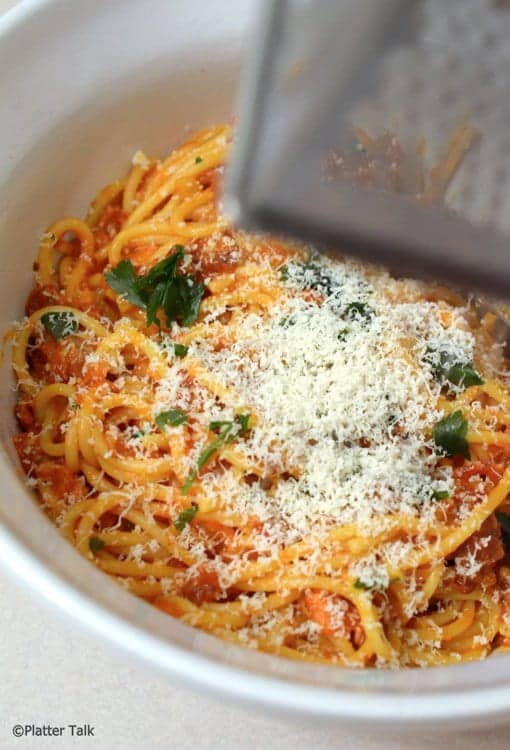 A close up of a plate of food, with Pasta