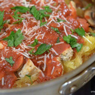 a pan of baked spaghetti squash and chicken.
