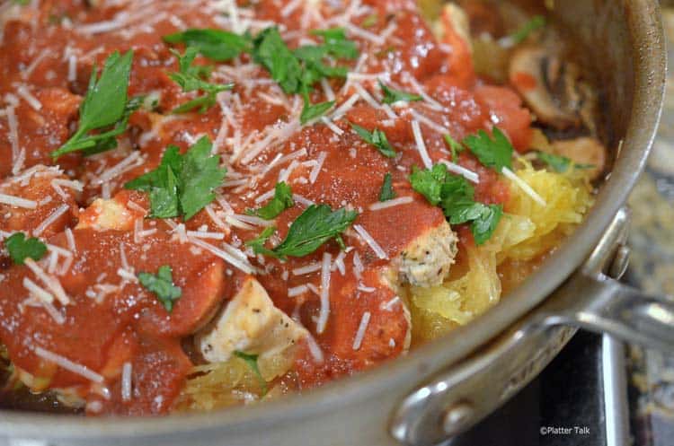 a pan of baked spaghetti squash and chicken.