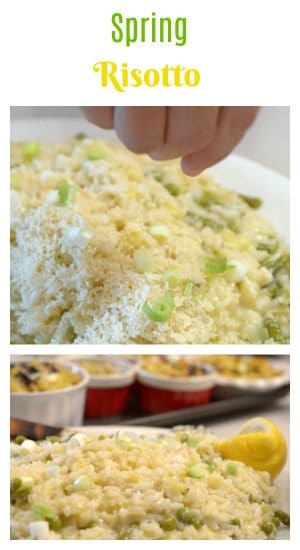 Bowl of risotto with someone\'s hand above and red ramkins beneath