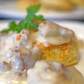 A close up of a plate of food, with Biscuit and gravy