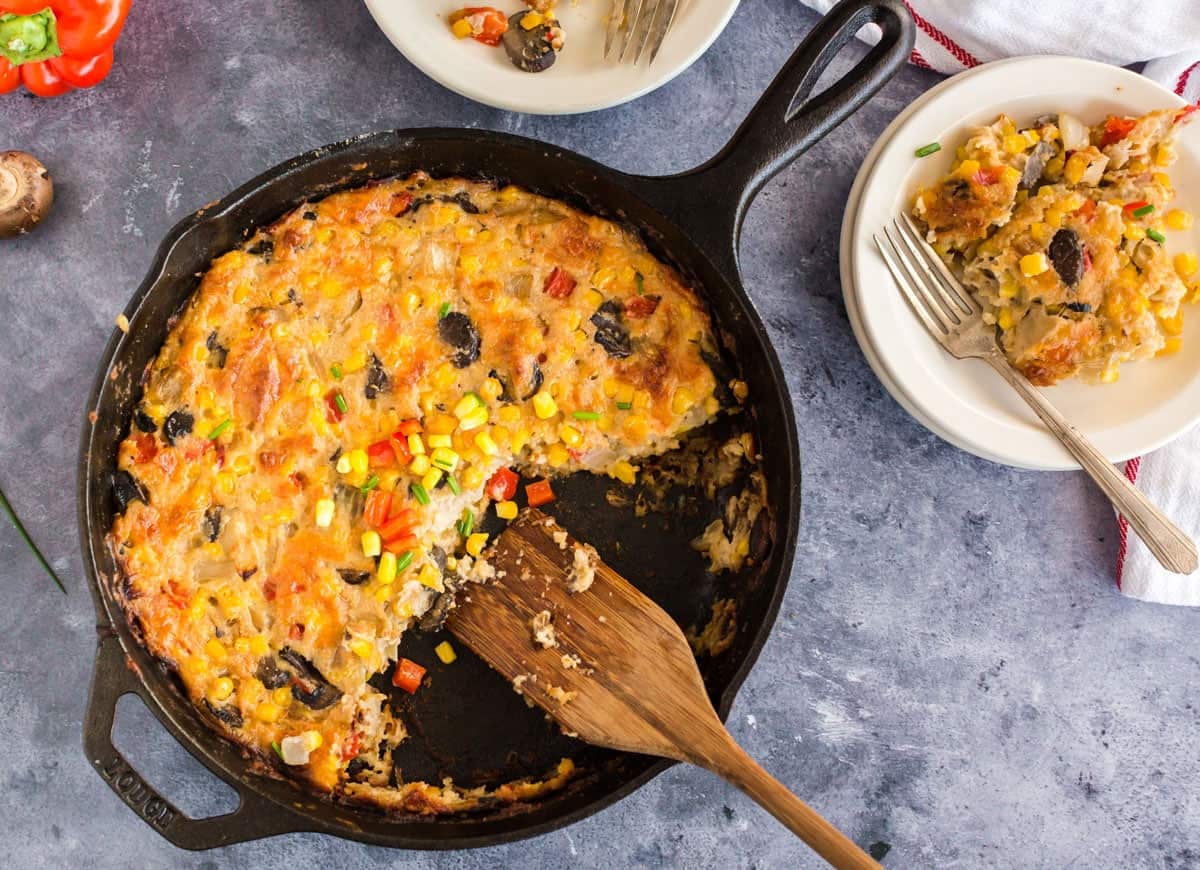 Skillet with baked corn in it