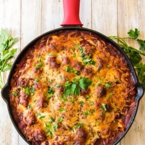 A skillet with lasagna in it