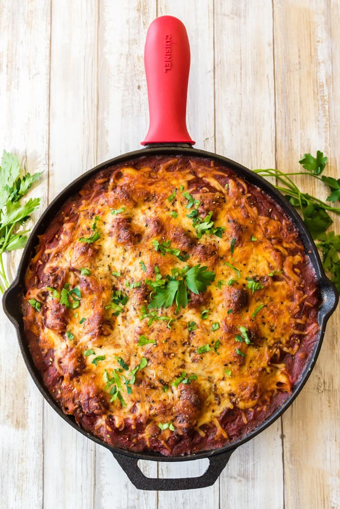 A skillet with lasagna in it