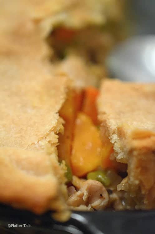 A close up of a pot pie