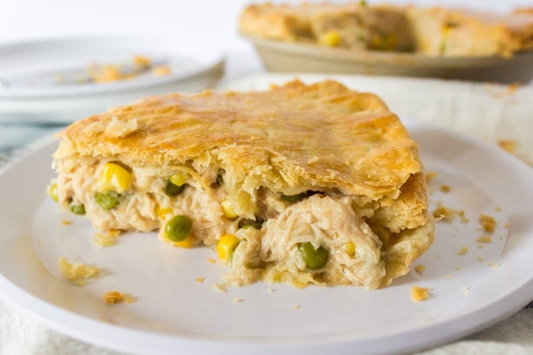 Serving of homemade turkey pot pie on a white plate