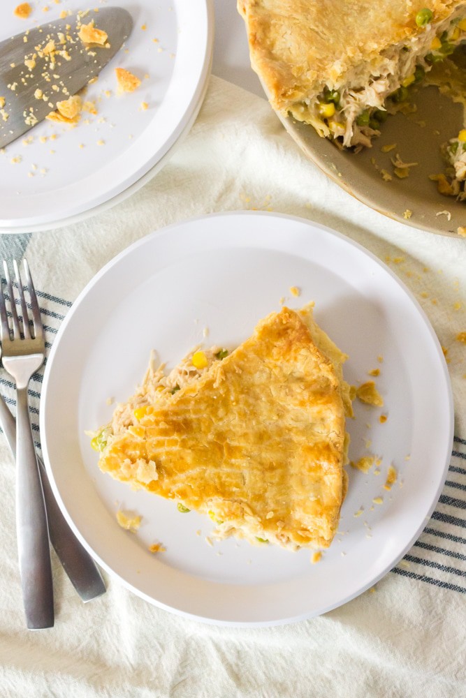 Slice of homemade pot pie on a plate.