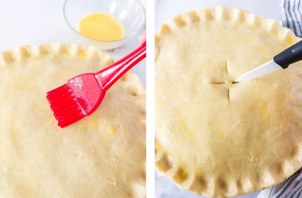 A pastry brush applying an egg wash to a pie crust