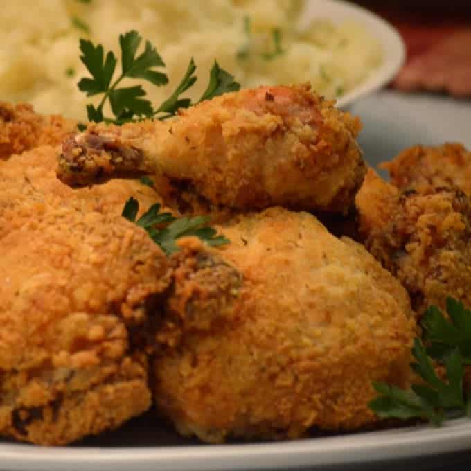 Plate of buttermilk chicken with mashed potatoes.