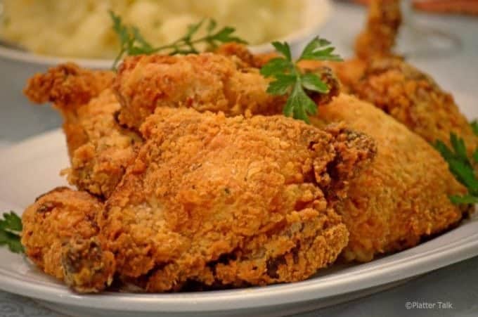 Serving platter of buttermilk chicken.
